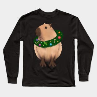 Christmas Capybara with a decorated wreath Long Sleeve T-Shirt